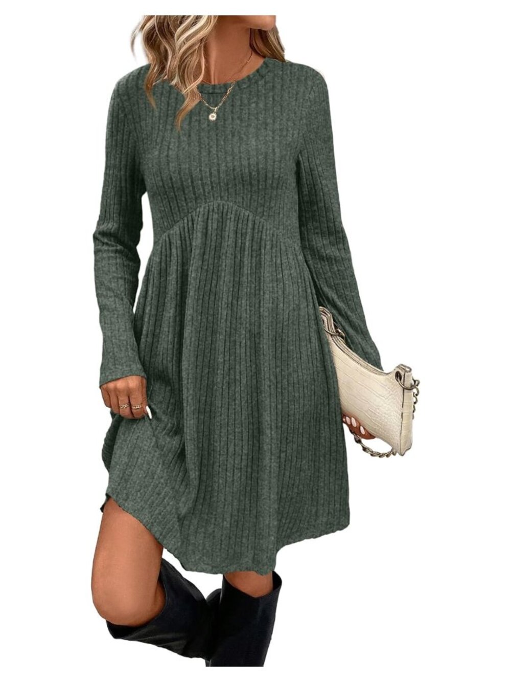 Long Sleeve Empire Waist Tunic Dress with Pockets